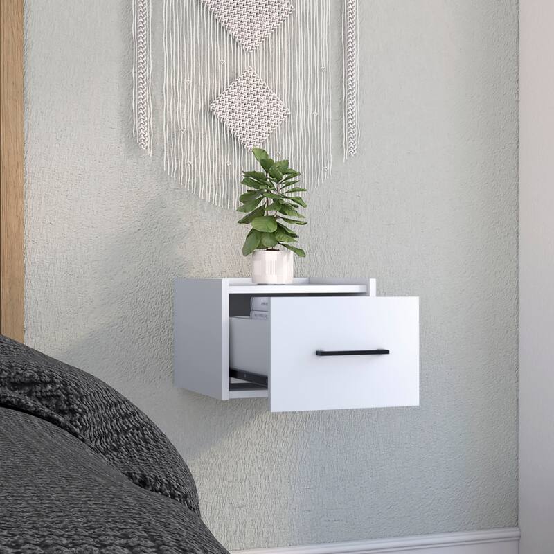 Wall-Mounted Floating Nightstand with Single Drawer, White - Space-Saving Design for Bedroom or Living Room