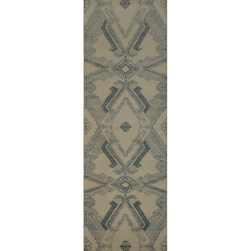 Hand Knotted Oriental 100% Wool Carpet Modern Geometric Beige & Ivories Contemporary Runner Rug - 9' 0'' X 2' 3''