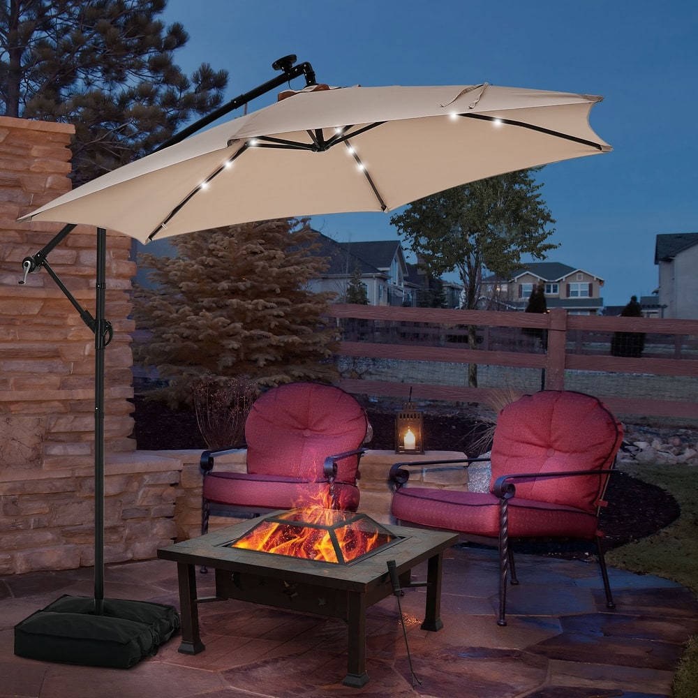 Ainfox 10 ft. Patio Offset Solar LED Umbrellas Cantilever Outside Umbrellas with Base