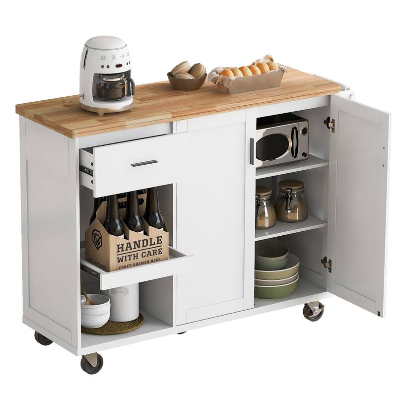 Kitchen Island with Foldable Counter Top, Kitchen Storage Cart with Towel Rack Drawer, Rolling Kitchen Cart on Wheels