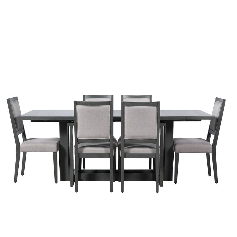Roomfitters 7-Piece Rustic Extendable Trestle Dining Table Set with 6 Upholstered Chairs, Rubber Wood