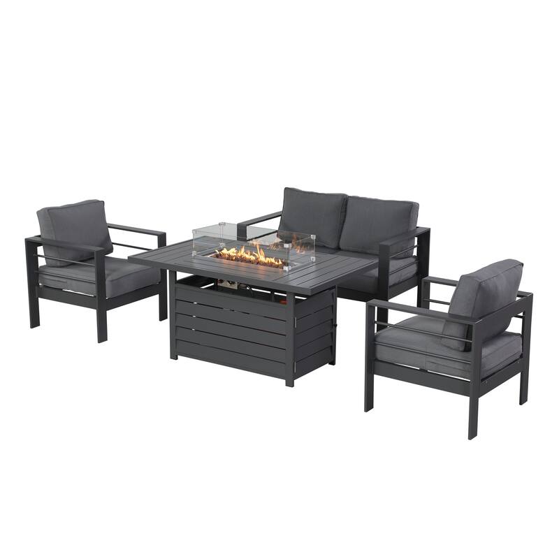 4 Pcs Patio Furniture Set with Propane Firepit - Grey
