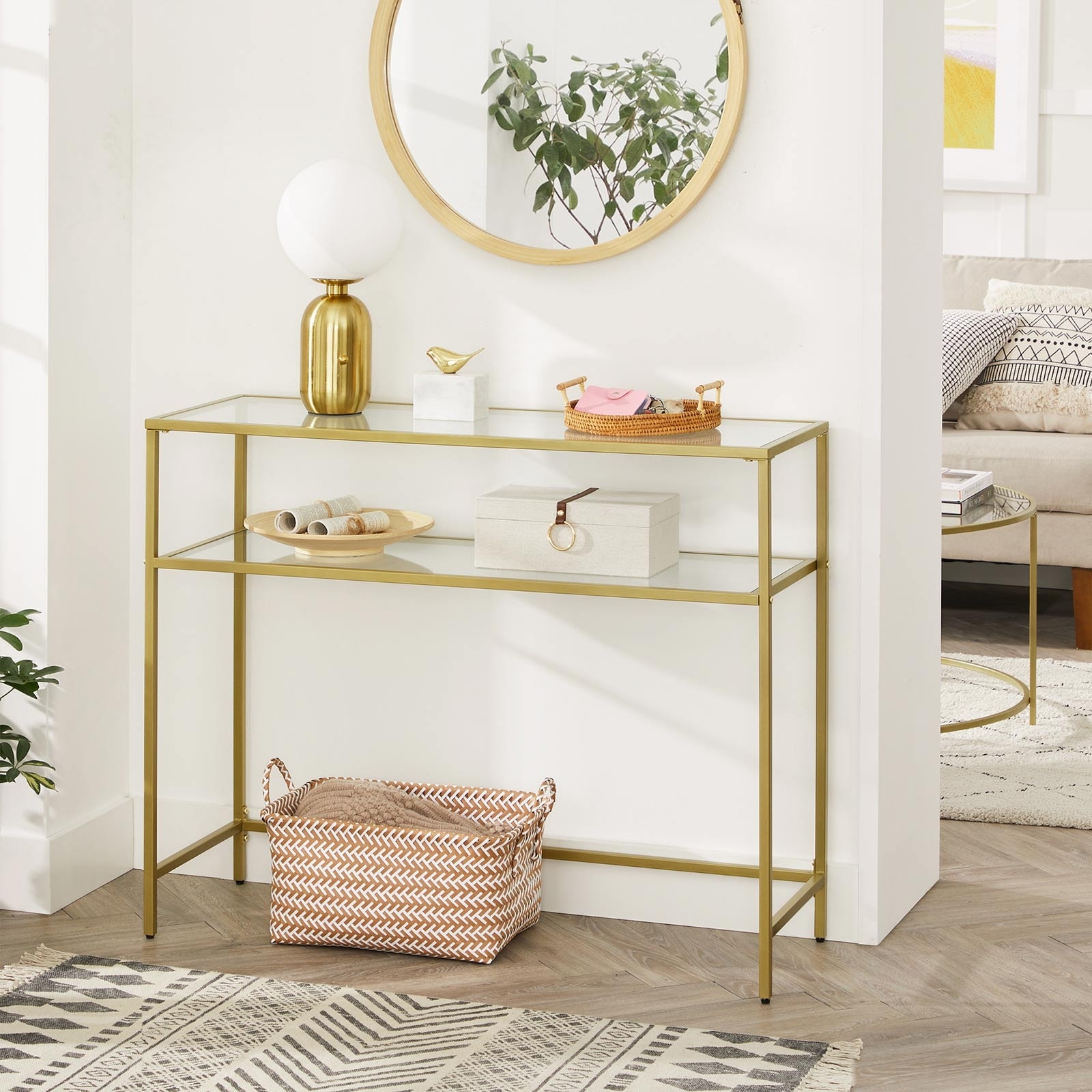 VASAGLE 39.4 Console Sofa Table Glass Gold Entryway Table 2 Shelves  Adjustable Feet Metal Frame for Living Room