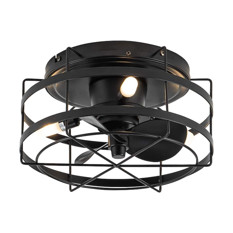 12.5" Black Small Metal Caged Low Profile Ceiling Fan with Light