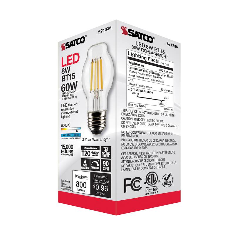 8 Watt BT15 LED - Clear - Medium base - 90 CRI - 5000K - 120 Volt