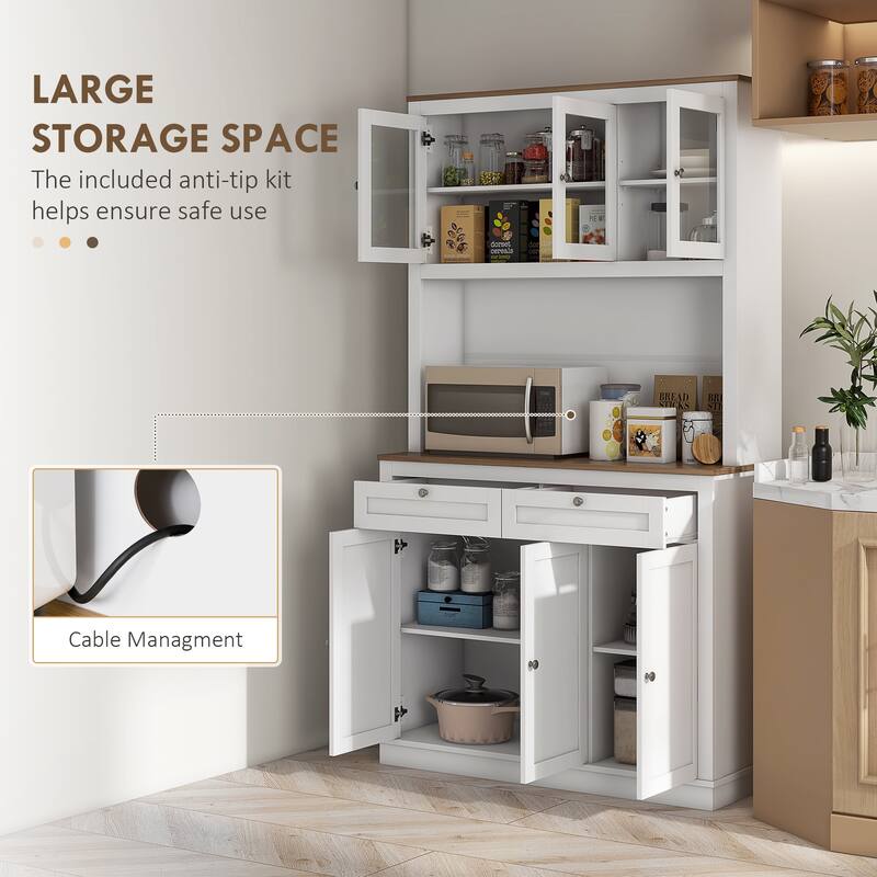 Modern Tall Storage Cabinet with Microwave Stand, 2 Drawers and Adjustable Shelves
