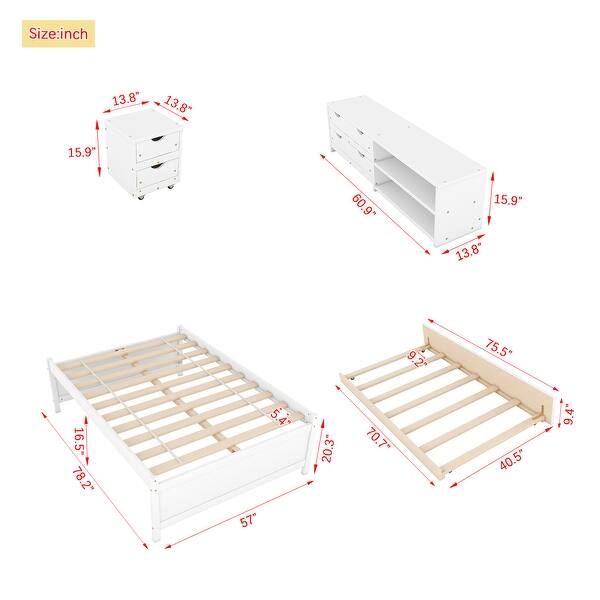 White Full Size Platform Bed with Trundle, Storage Box, and Nightstand