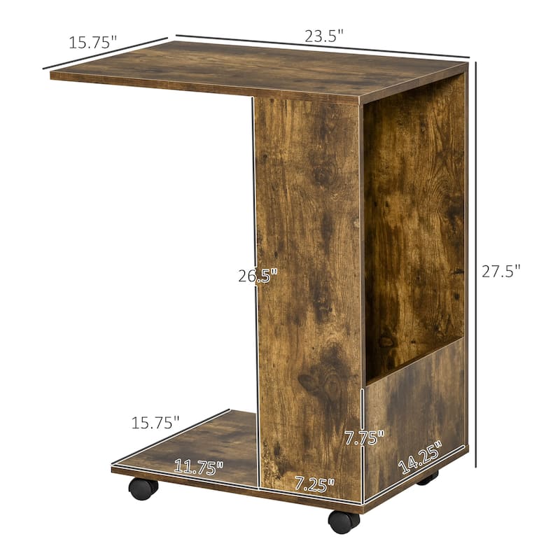 HOMCOM C-Shaped Sofa Side Table Mobile End Table with Storage and Wheels for Living Room, Bedroom, Office