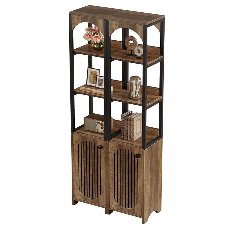70.87" Tall Narrow Bookshelf with Louvered Door Cabinet, Industrial Corner Shelf for Living Room