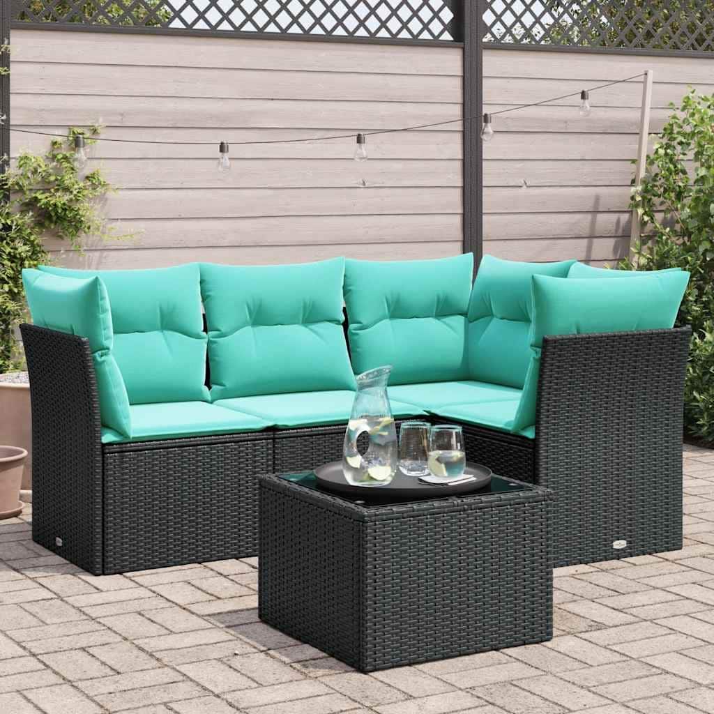 vidaXL 5 Piece Patio Sofa Set with Cushions Black Poly Rattan - 70.5x27.2x48.8