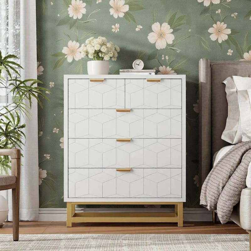 5 Drawer Dresser, with Metal Legs and Gold Handles - White