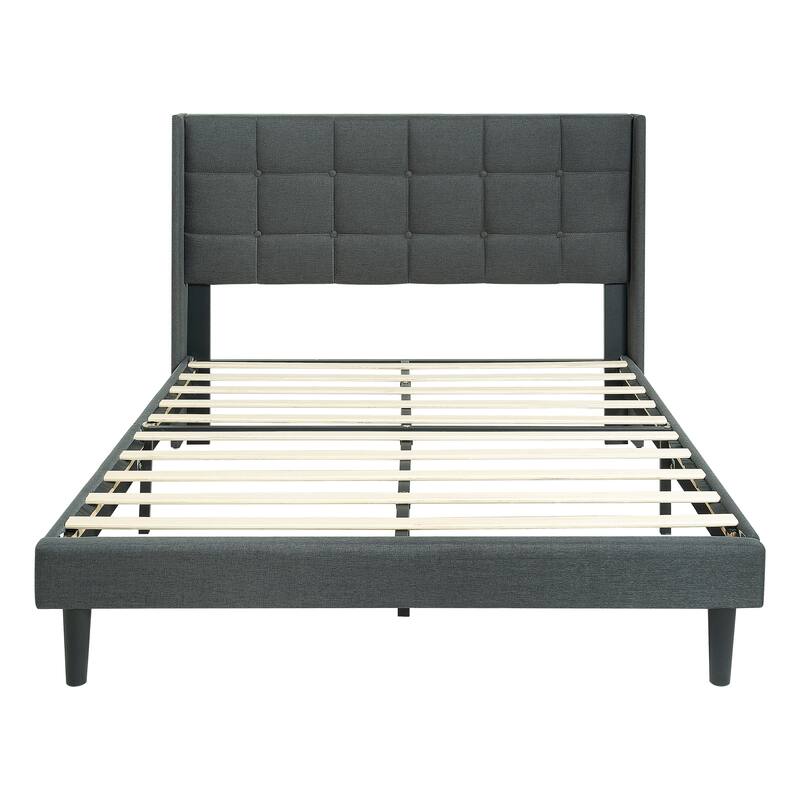 Queen Size Upholstered Platform Bed Frame with Button Tufted Linen Fabric Headboard, No Box Spring Needed, Wood Slat Support