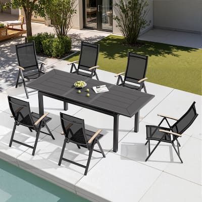 7PC Pellebant Outdoor Patio Aluminum Expandable Dining Set Table WPC Top with Folding Chairs