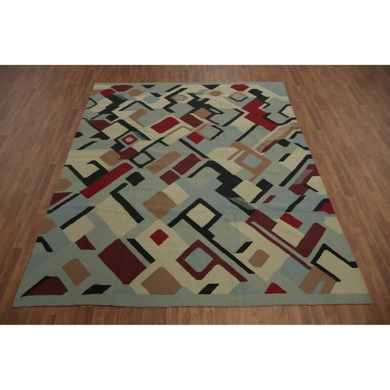 Hand Woven Oriental 100% Wool Carpet Southwestern Modern Navy Blue & Blues Kilim Area Rug - 10' 2'' X 8' 3''