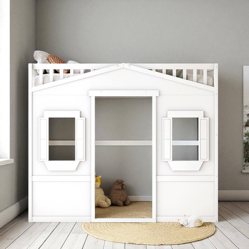Twin/Full Size Wood Loft Bed with Ladder and Guardrails, House-Style Frame for Kids or Teens