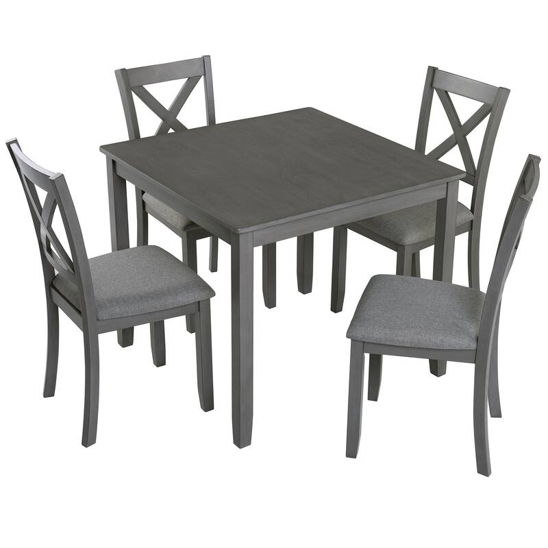 5 Piece Dining Table Set, Solid Wood Kitchen Table Set, Dining Room Furniture Set with Square Table & 4 Upholstered Chairs