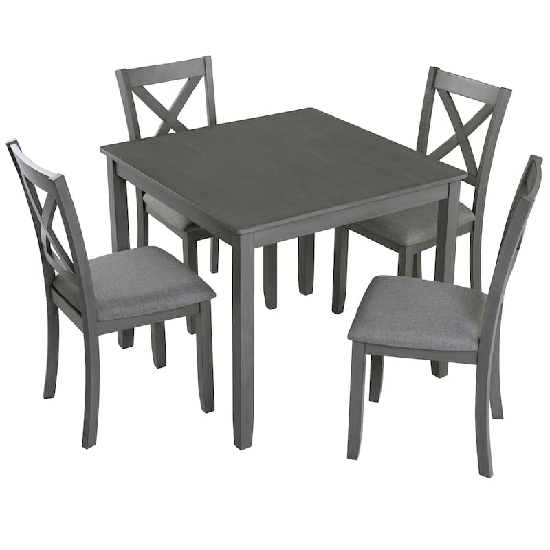 GDFStudio - Dunmore 5-Piece Farmhouse Wooden Square Dining Table Set with 4 Wooden Upholstered Dining Chairs