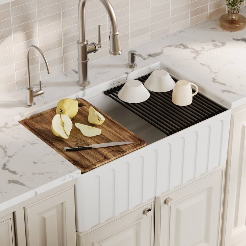 Karran 30" Single Bowl Workstation Fireclay Kitchen Sink with Reversible Fluted Apron Front