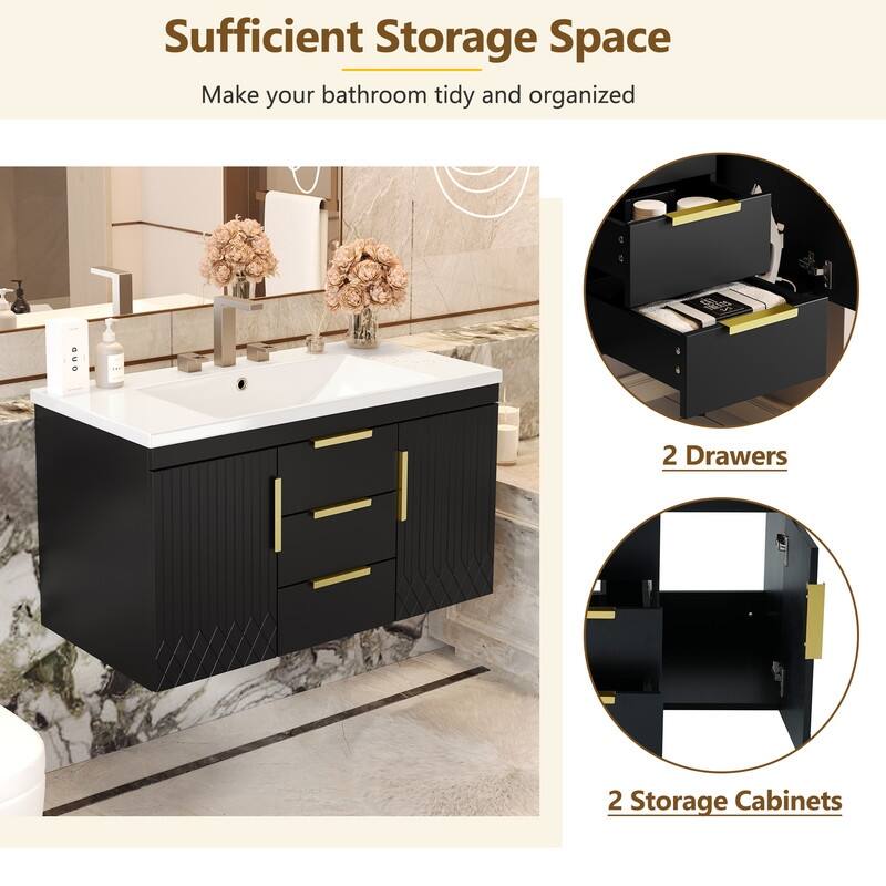 36" Wall Mounted Bathroom Vanity with Resin Sink, 2 Drawers