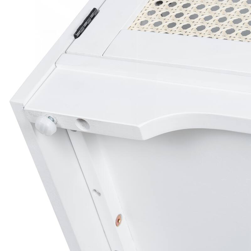 Rustic Storage Bench Multifunctional Wood Entryway Shoe Bench with Removable Cushion, Woven Rattan Doors & Adjustable Shelves