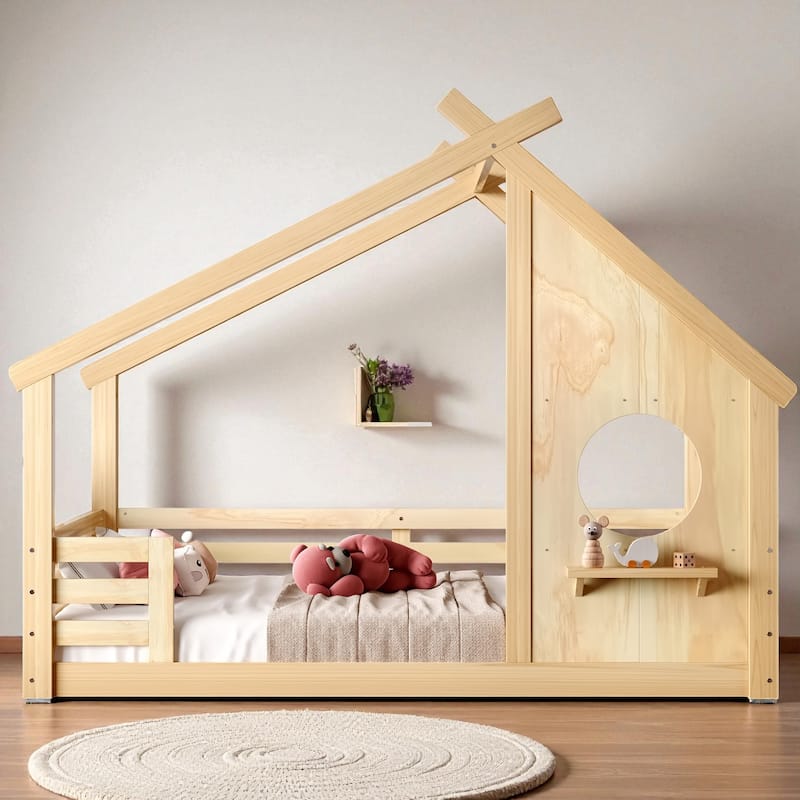 Twin/Full Size Solid Wood House Floor Bed with Window and Shelf, Montessori Low Bed Frame for Kids, No Box Spring Needed - Natural - Full