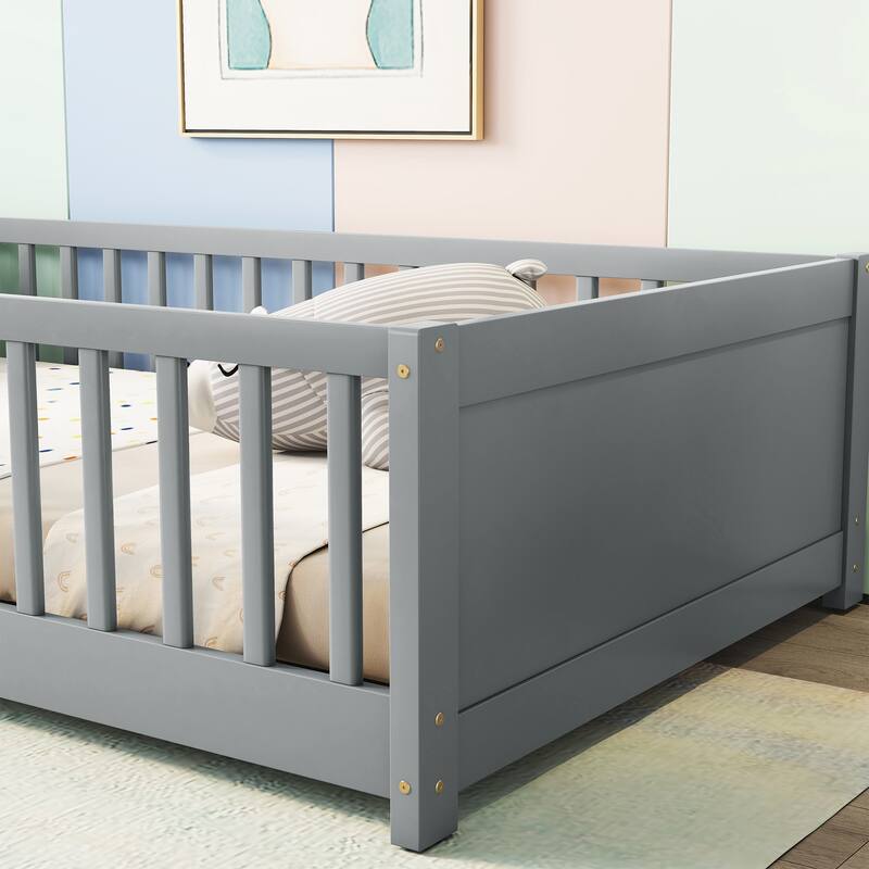 Grey Twin Size Pine Wood Floor Platform Bed with Built-in Book Storage Rack, Door