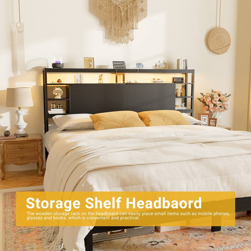 Headboards with Storage Shelves, Head Board with Power Outlet and LED Light for Bed Frame