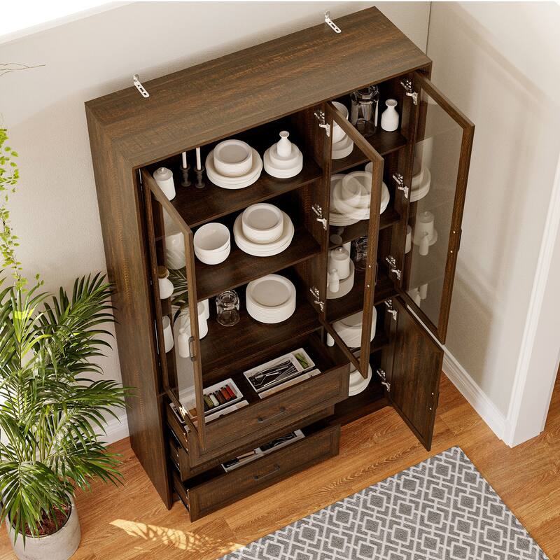 79.6"H Display Bookcase Pantry Cabinet Sideboard with Tempered Glass Doors White/Brown