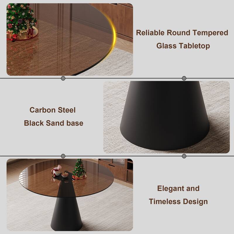 35-Inch Round Glass Dining Table, With Tempered Glass Tabletop And Carbon Steel Legs. Suitable for 2-4 People - Black+Brown