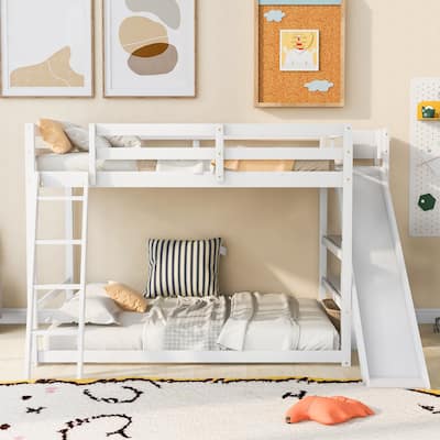 Full Over Full Bunk Bed with Slide, Ladder, and Shelves, Space-Saving Design