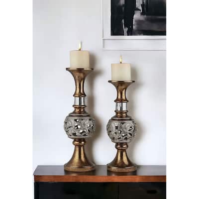 HomeRoots Set Of Two Silver and Brown Pillar Tabletop Pillar Candle Holders - 7