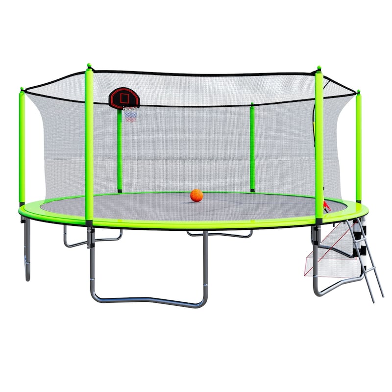 16FT Trampoline with Basketball Hoop pump and Ladder(Inner Safety Enclosure) with soccer goal Green