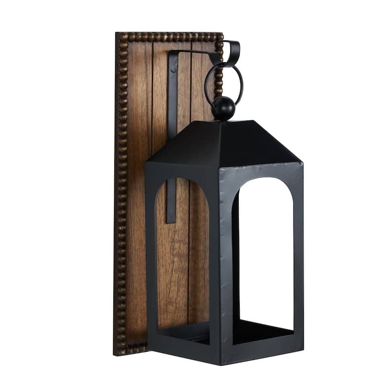 Metal Suspended Arched Cutout Wall Sconce with Brown Wood Backing and Beaded Edge - Black - Roche River Decor