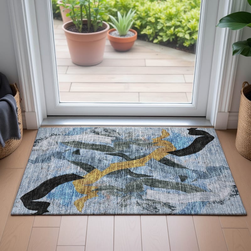 Machine Washable Indoor/Outdoor Contemporary Brushstrokes Chantille Rug