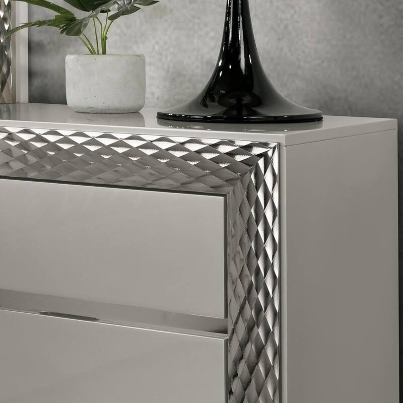 Glam Nightstand - Gray Finish with Plinth Base & Silver Molding
