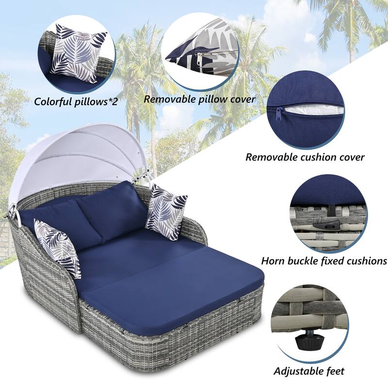 Outdoor Sunbed with Adjustable Canopy - Rattan Double Lounge Daybed 4 Pillows, and Cushions for Patio, Deck, or Garden