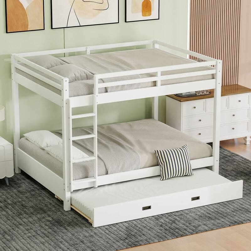 Modern Queen Size Bunk Bed with Ladder and Guardrail, Wood Kids Teens Bed Frame with Trundle Optional - White - With Trundle