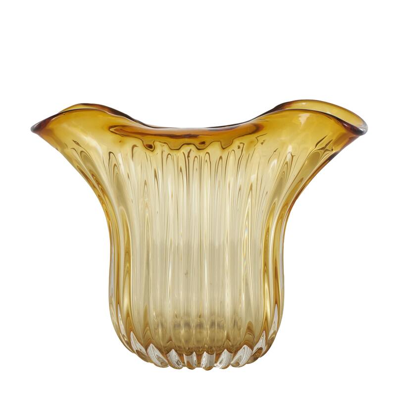Glass Abstract Ribbed Ombre Decorative Vase with Folded Curve Opening - Orange - Roche River Decor