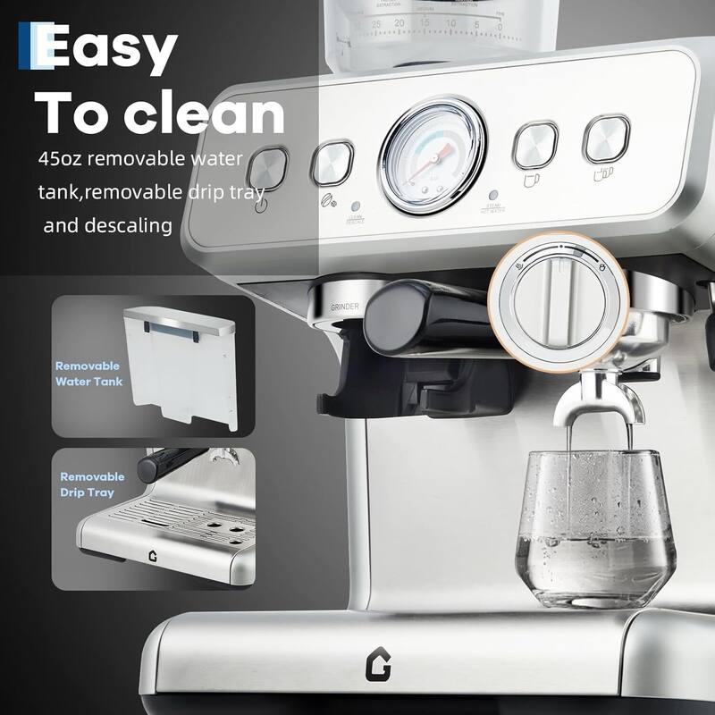 Espresso Coffee Machine with Grinder & 20 Bar Pressure, 2.8L Removable Water Tank, Silver