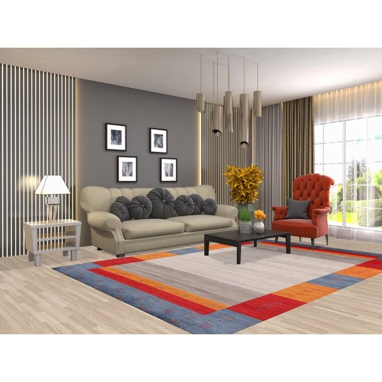 Geometric Gabbeh Oriental Area Rug Hand-Knotted Wool Carpet - 6'8" x 9'9"