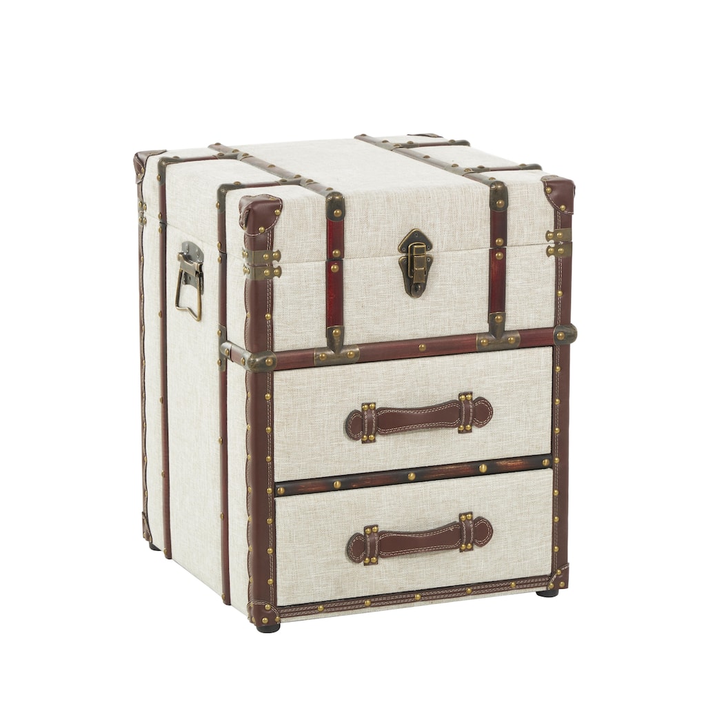 Wooden Vintage Style Storage 2 Drawer Coffee Table with Studs and Brown Faux Leather Accents - Cream - Roche River Decor