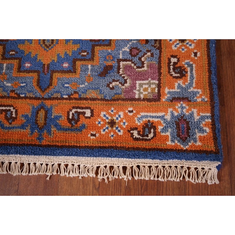 Blue & Orange Geometric Kazak Foyer Rug Hand-Knotted Wool Carpet - 2'6"x 6'0"