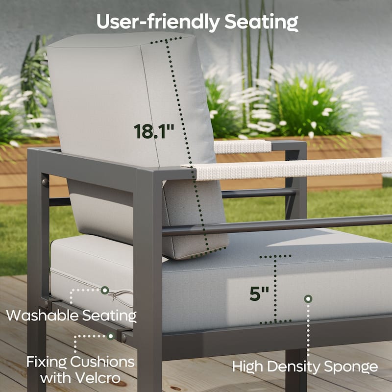 Outdoor 3-Piece Aluminum Patio Chat Set with Cushions LED Side Table and Movable Side Pocket for 2 Person