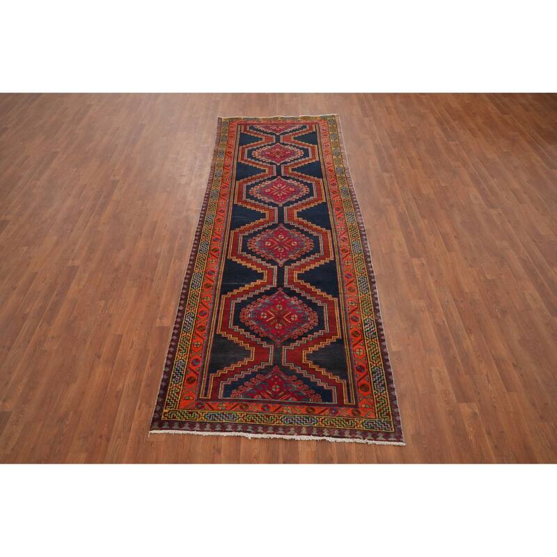 Hand Knotted Oriental 100% Wool Carpet Traditional Geometric Navy Blue & Blues Ardebil Runner Rug - 10' 5'' X 3' 9''