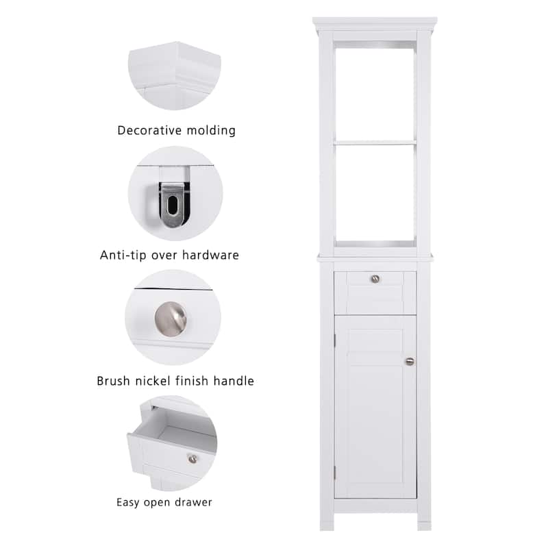 COSTARS Home Bathroom Freestanding Storage Cabinet with Two Tier Open Shelves, Tall Slim Tower with Door and Drawer
