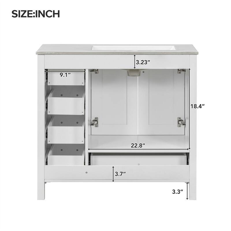 36'' Bathroom Vanity with Ceramic Sink Combo, Modern Bathroom Vanity Cabinet with 2 Soft Close Doors and 5 Storage Drawers