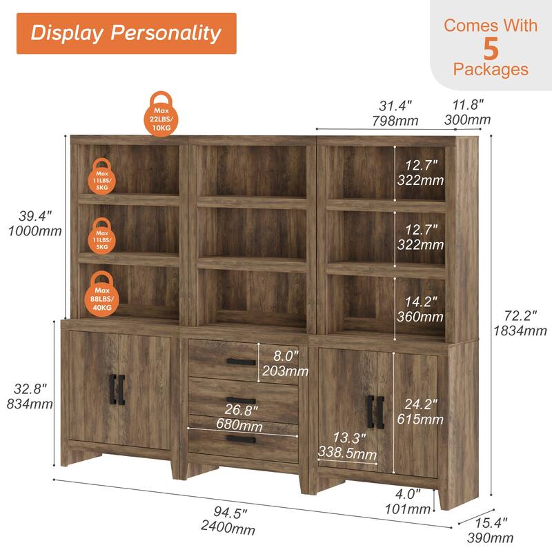 WAMPAT 74" 3-Piece Tall Bookshelf, Farmhouse Bookcase with Doors & Drawers for Living Room & Office