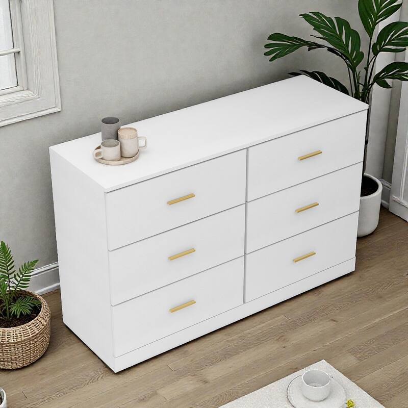 Modern 6 Drawer Dresser for Bedroom, Wide Chest of Drawers with Ample Storage, Sturdy Gloss Finish