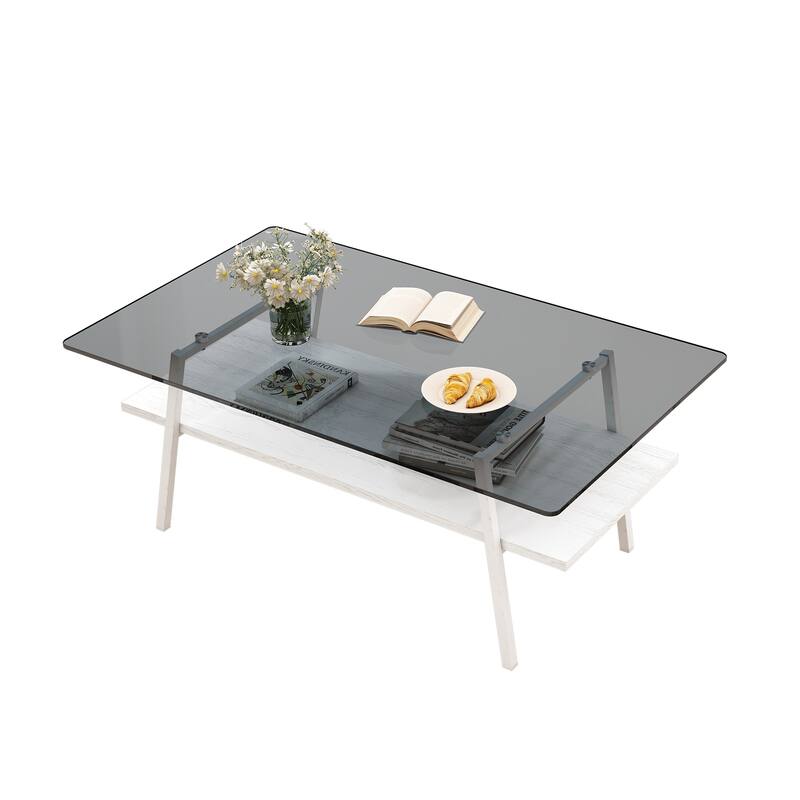 Rectangle Coffee Table, Tempered Glass Tabletop with Black Metal Legs - White