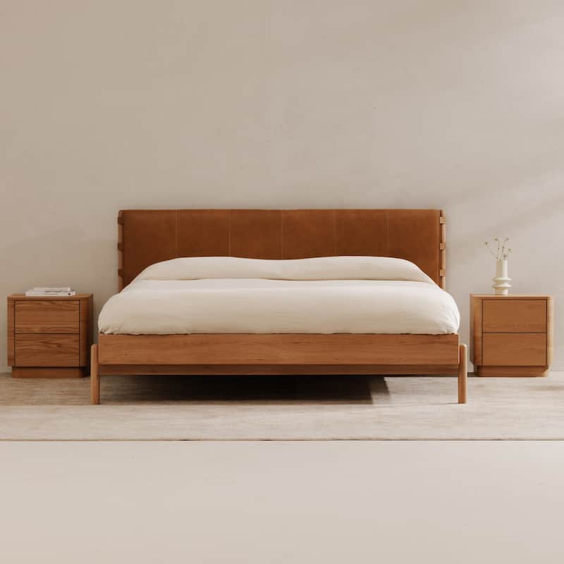 NADAAL STUDIOS Odette Queen Bed - Soft Low Design in Solid Oak and Oak Veneer in Light Brown